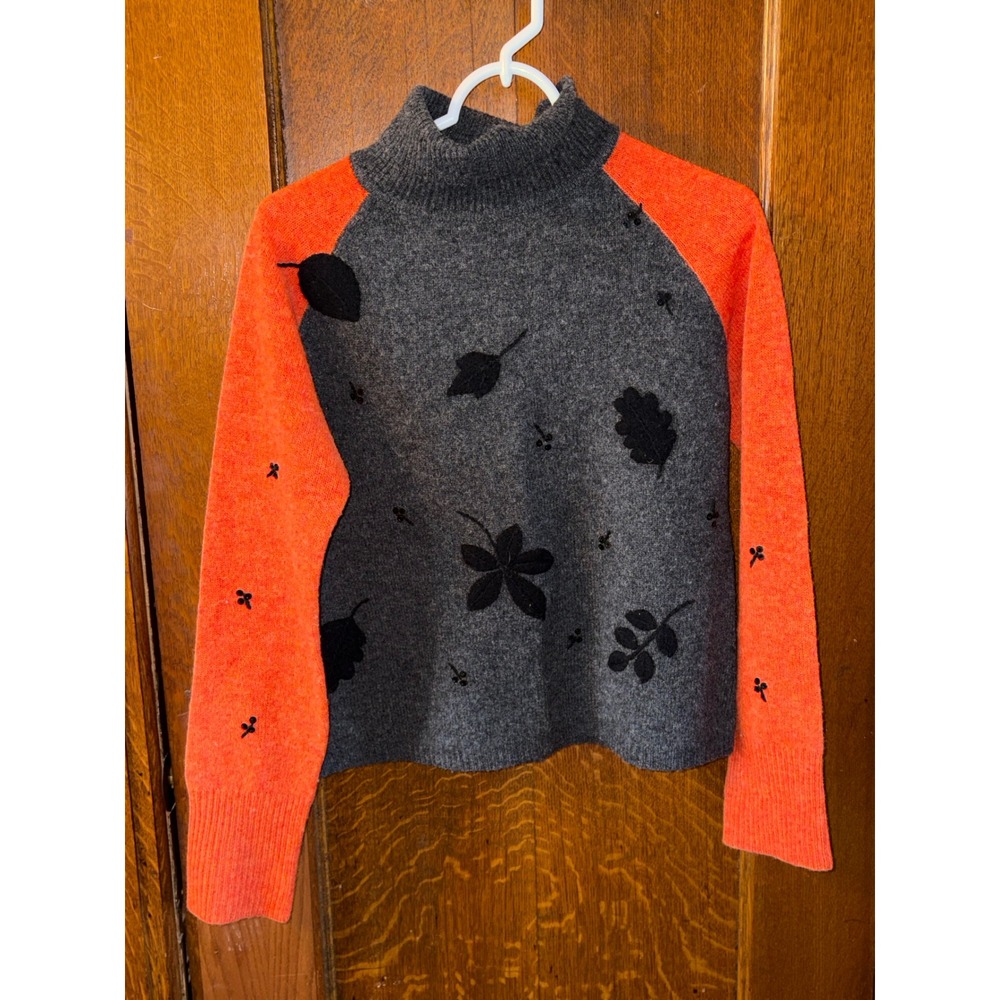 World Republic Lambswool Mock Neck Sweater Grey Orange Leaf Applique Beaded L